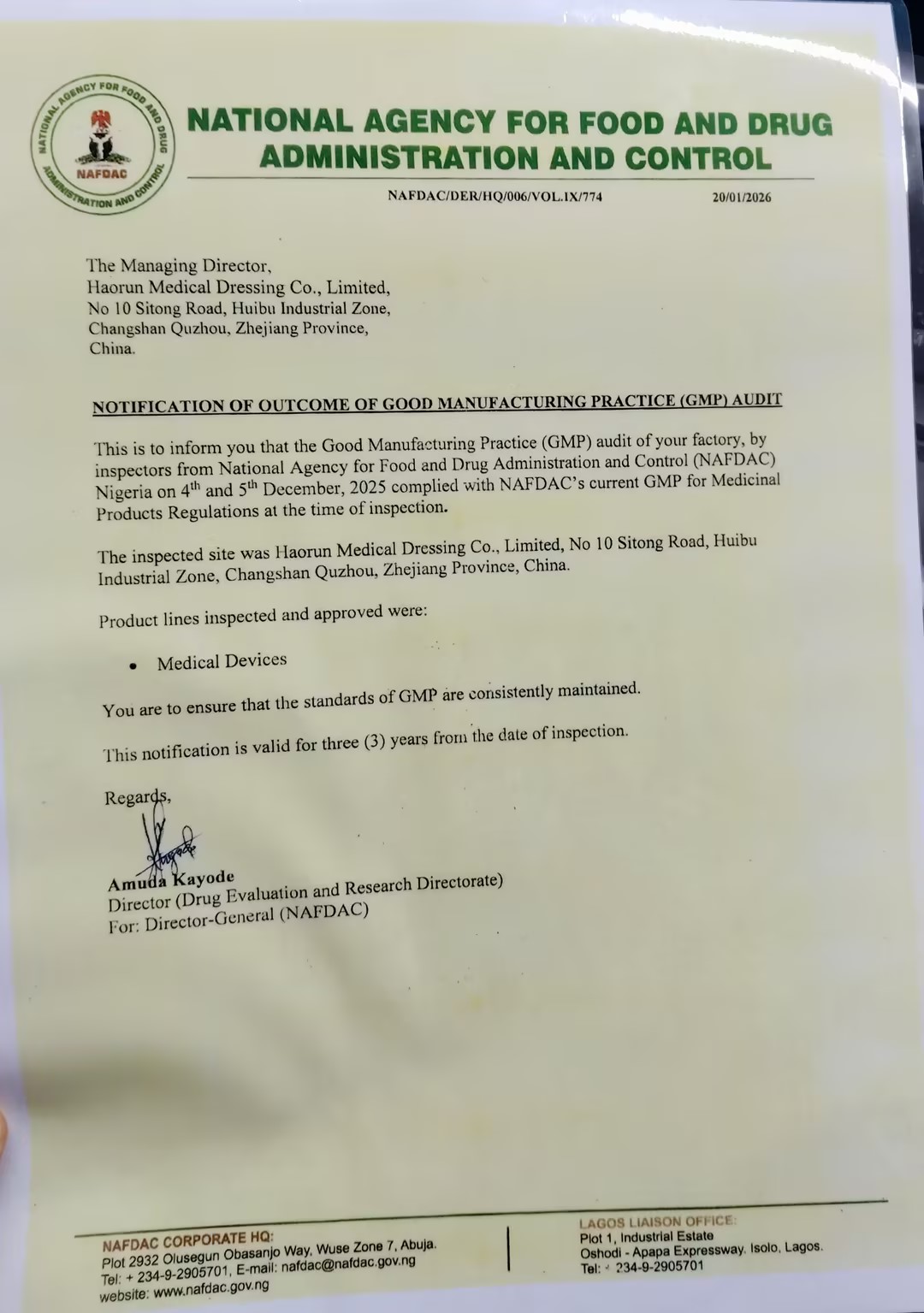 ہاورون میڈیکل پروڈکٹس کو باضابطہ طور پر نائجیریا میں NAFDAC رجسٹریشن سرٹیفیکیشن موصول ہوتا ہے۔